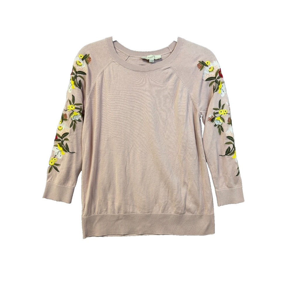 LOFT Womens Pink Floral‎ Embroidered Sleeve Cotton Knit Sweater Size S 510366